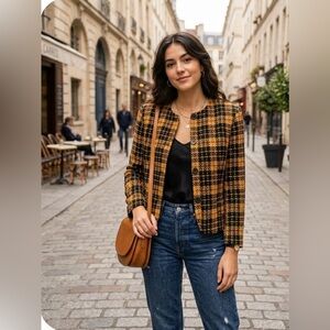 Jones New York Plaid Wool Mohair Blazer Topper Jacket Size M  Black And Gold .